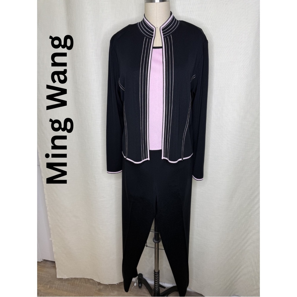 Ming Wang Knit Jacket Dress Set Pink Black Career Elegant 3 Piece Sz S/M